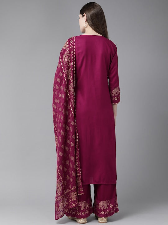 Yufta Women Maroon & Golden Pure Cotton Solid Kurta with Palazzos & Dupatta