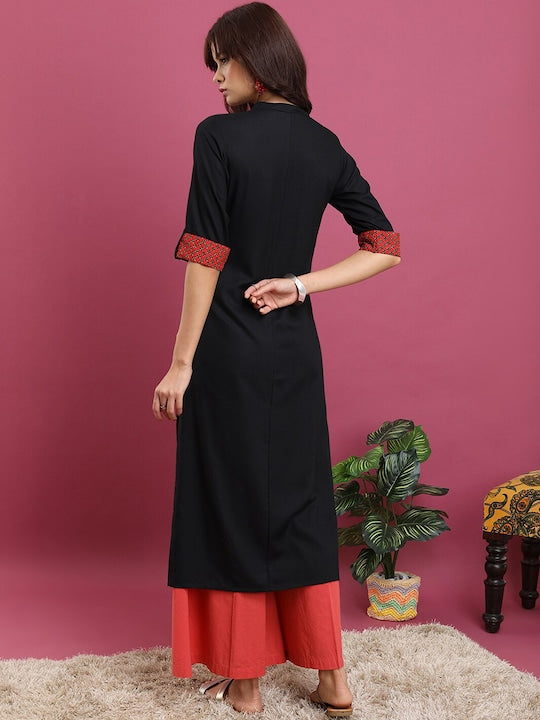 Vishudh Black Ethnic Motifs Embroidered Mandarin Collar Roll-Up Sleeves Straight Kurta