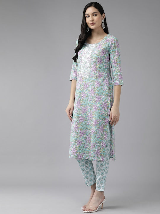 Yufta Women Floral Embroidered Sequinned Pure Cotton Kurta with Trousers & With Dupatta