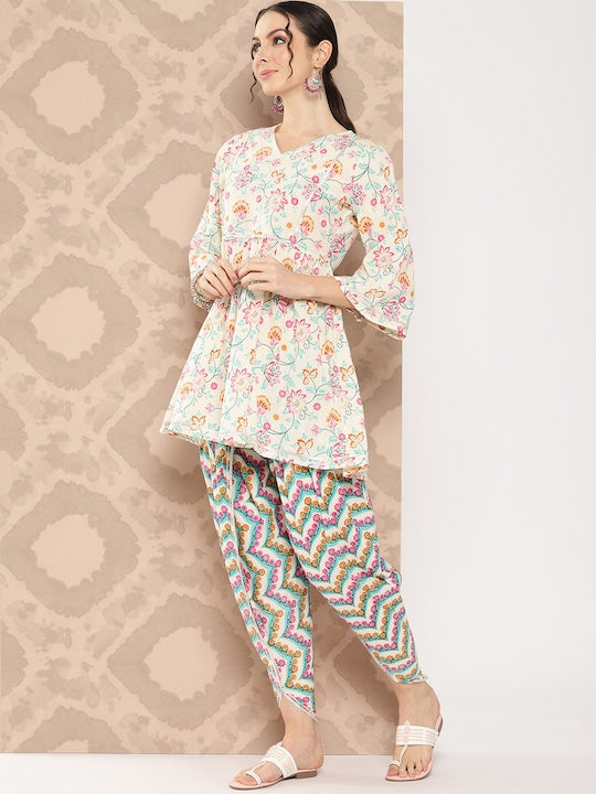 Yufta Women Floral Printed Regular Gotta Patti Pure Cotton Kurti with Dhoti Pants Cream/Pink