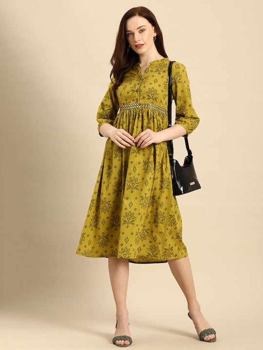 All about you Green Ethnic Motifs Printed A-Line Dress