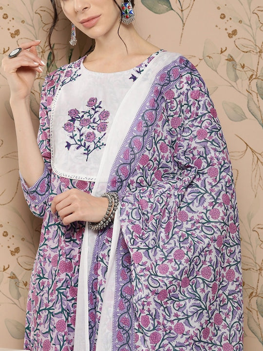 Yufta Floral Printed Kantha Work Pure Cotton Kurta with Trousers & Dupatta