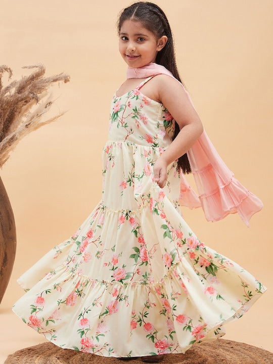 Vastramay Girls Muslin Floral Printed Anarkali Ethnic Dress & Dupatta