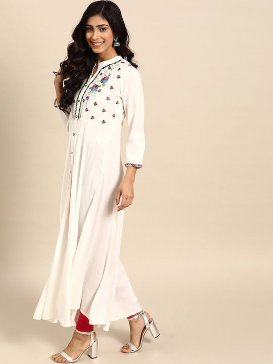 All about you White Floral Yoke Designed Mandarin Collar Cotton Anarkali Kurta