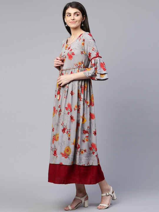 All about you Grey & Red Floral Printed Bell Sleeve Layered Maxi Dress