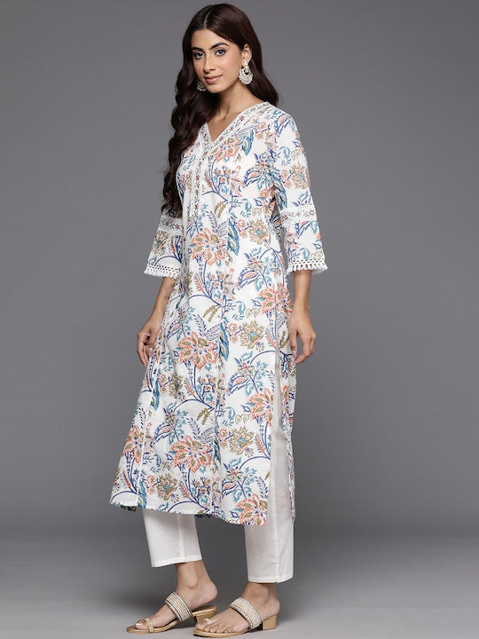 Varanga Women Floral Printed Regular Pure Cotton Kurta with Trousers