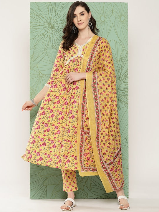 Yufta Women Floral Printed Regular Pure Cotton Kurta with Trousers & With Dupatta