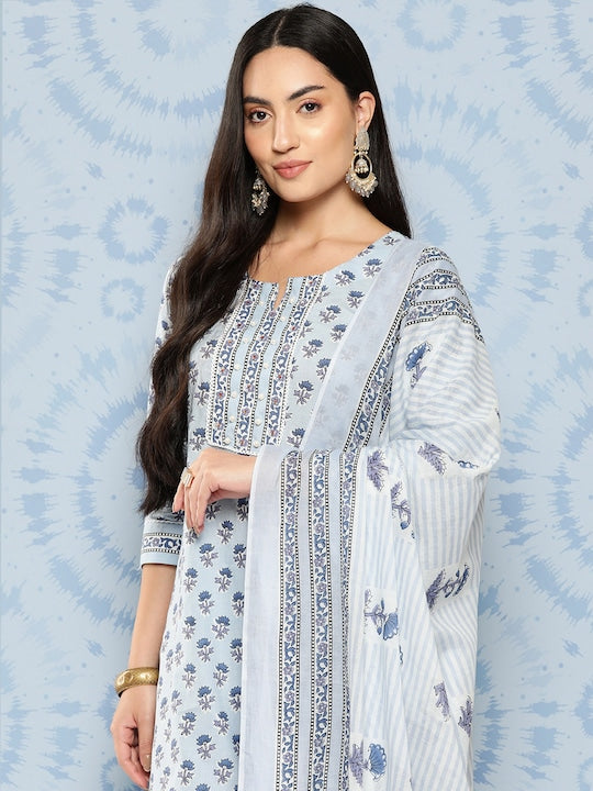 Yufta Women Ethnic Motifs Printed Regular Pure Cotton Kurta with Trousers & With Dupatta