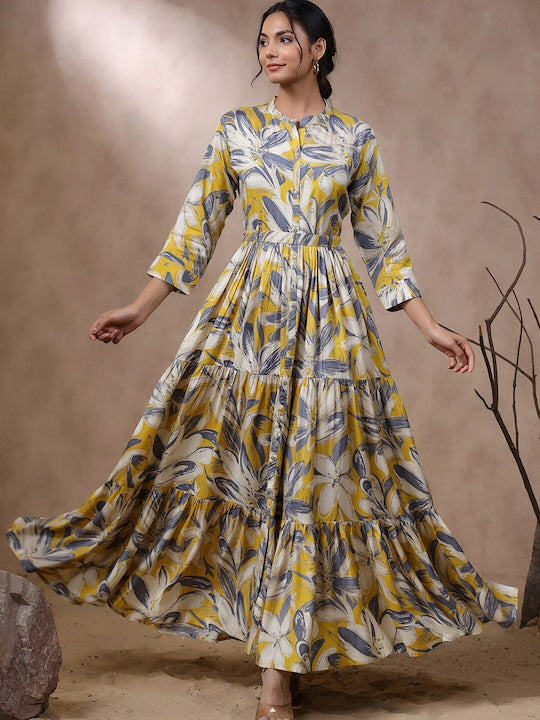 Vishudh Floral Print Keyhole Neck Maxi Dress