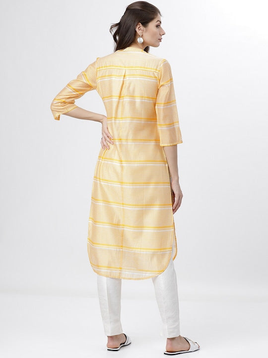 Vishudh Women Yellow & Off White Striped Pathani Kurta