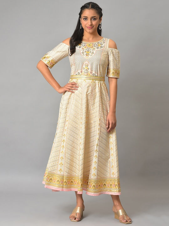 Aurelia Ethnic Motifs Printed Cold-Shoulder Sleeves Midi Fit & Flare Ethnic Dress