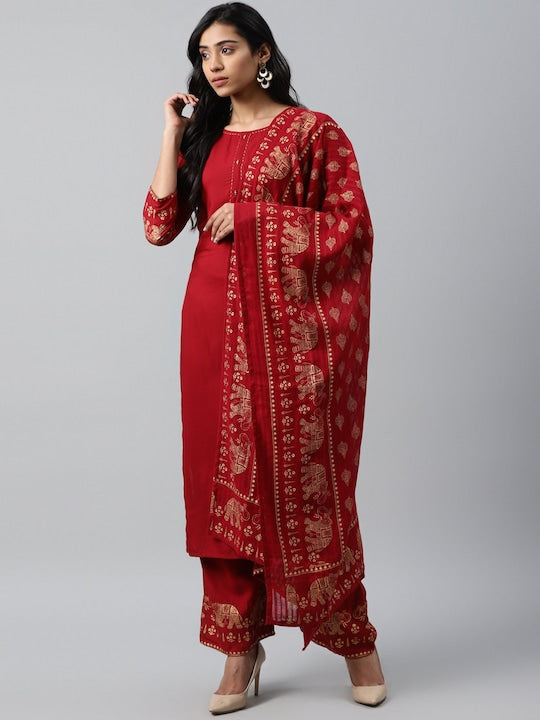Yufta Maroon & Gold Toned Pure Cotton Kurta With Palazzos & Dupatta