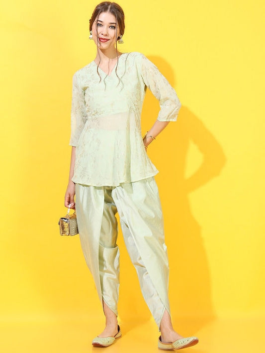 Vishudh Women Green Ethnic Motifs Printed Angrakha Kurti with Dhoti Pants