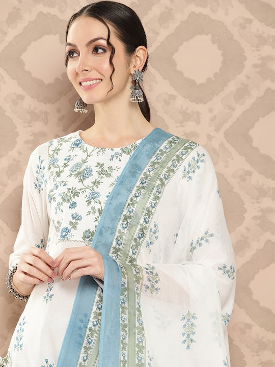 Yufta Women Floral Printed Regular Sequinned Pure Cotton Kurta with Trousers & Dupatta