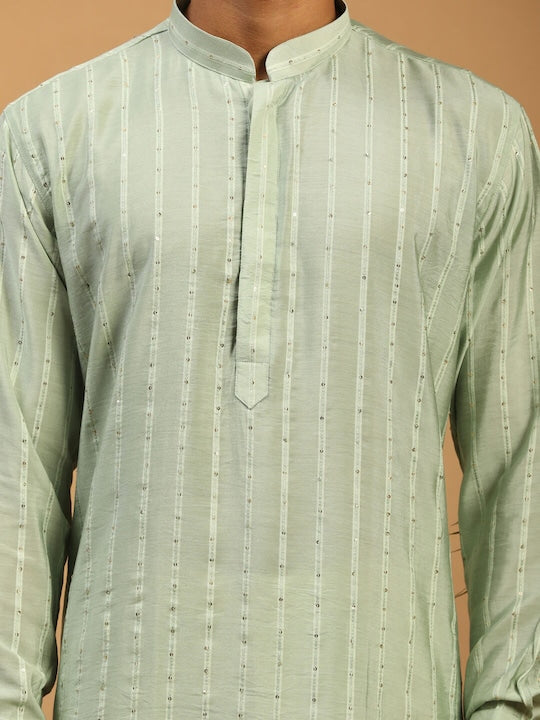 Vastramay Striped Sequinned Chanderi Cotton Kurta with Pyjamas & With Dupatta