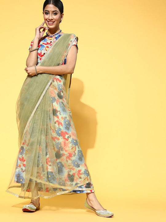 AKS Couture Floral Printed Organza Saree