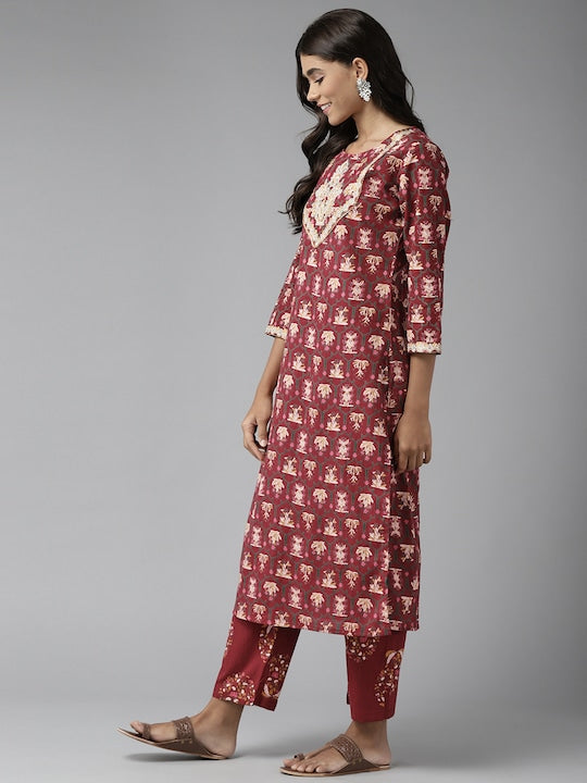 Yufta Women Maroon Ethnic Motifs Printed Pure Cotton Kurta with Trousers