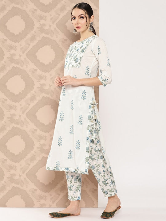 Yufta Women Floral Printed Regular Sequinned Pure Cotton Kurta with Trousers & Dupatta
