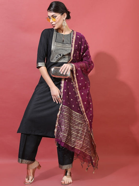 Vishudh Women Black Ethnic Motifs Printed Kurta with Trousers & Dupatta