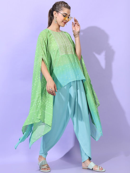 Vishudh Women Turquoise Blue Layered Kurti with Dhoti pant