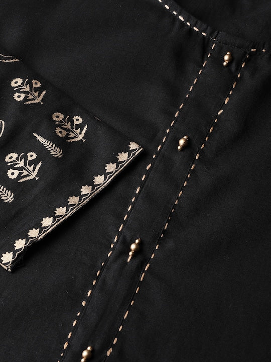 Yufta Women Black & Golden Solid Kurta with Palazzos & Dupatta
