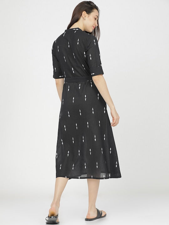 Vishudh Black Floral Ethnic A-Line Midi Dress