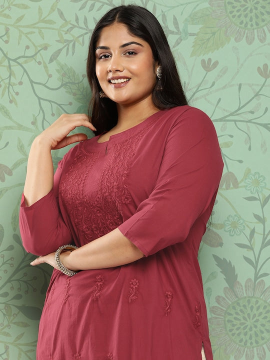 Yufta Plus Size Floral Embroidered Chikankari Pure Cotton Kurta