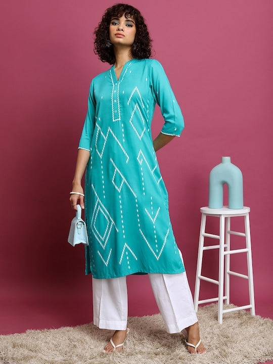Vishudh Turquoise Blue Geometric Printed Mandarin Collar Straight Kurta