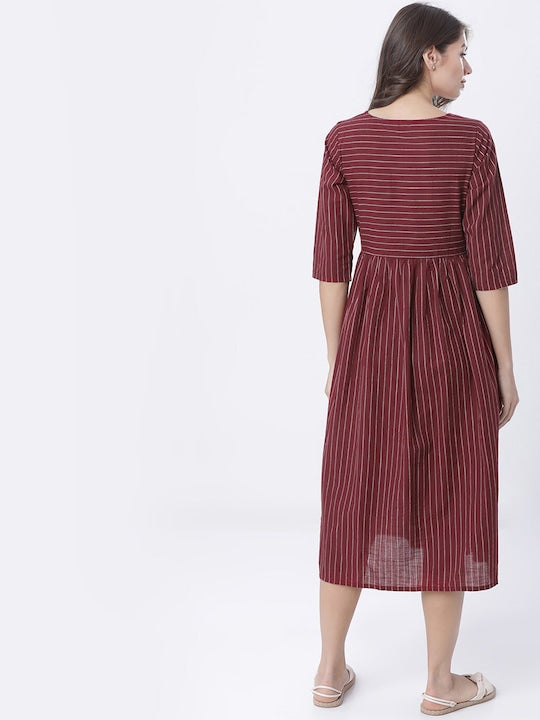 Vishudh Women Maroon & Off-White Striped Fit and Flare Dress
