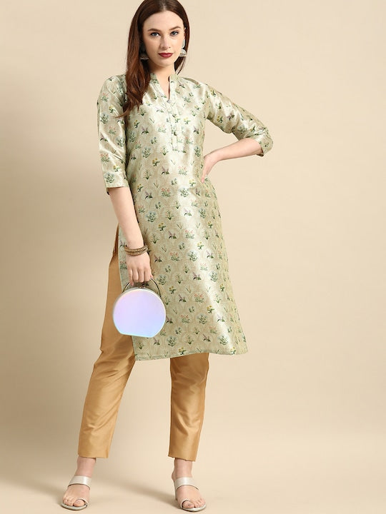 All about you Women Sea Green Floral Block Print Mandarin Collar Chanderi Silk Blend Kurta