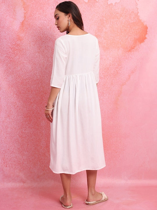 Vishudh Off White Floral Embroidered Gathered Or Pleated Cotton Fit & Flare Midi Dress