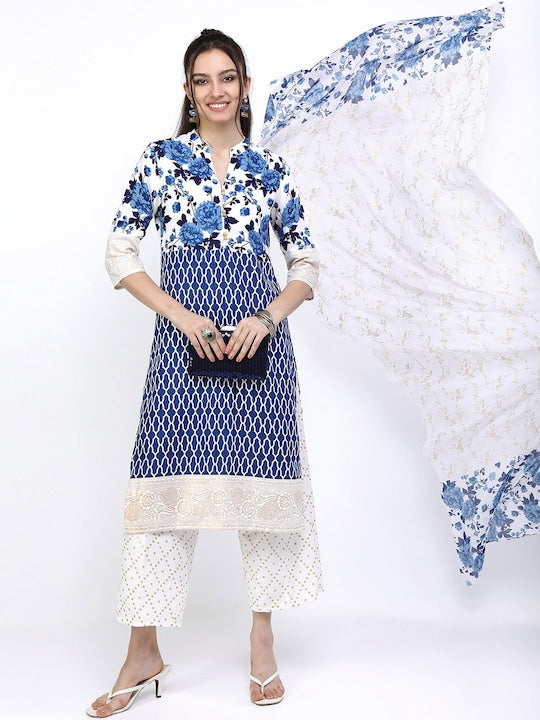 Vishudh Women Blue Floral Printed Kurta with Trousers & With Dupatta