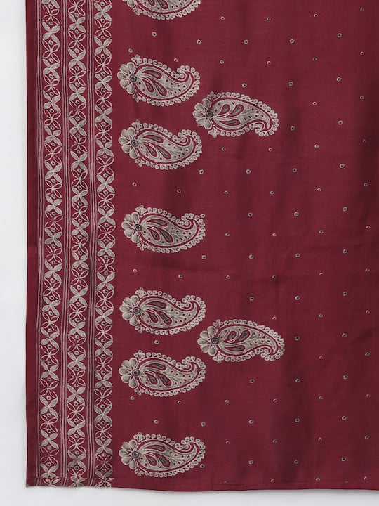 Yufta Women Maroon Paisley Printed Thread Work Kurta With Trousers & With Dupatta