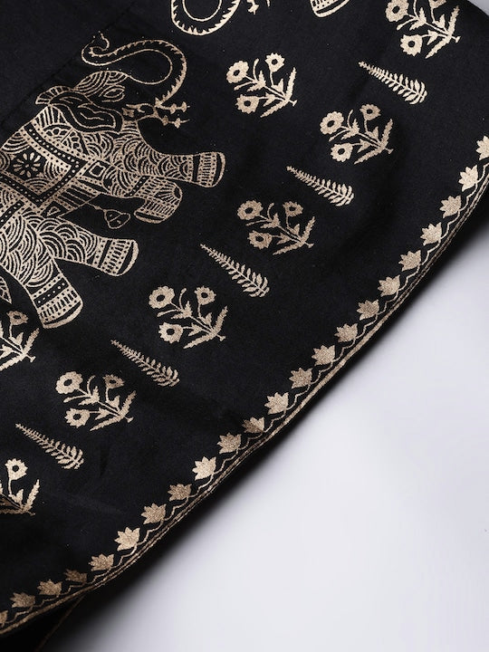 Yufta Women Black & Golden Solid Kurta with Palazzos & Dupatta