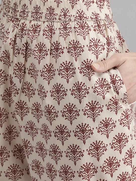 Yufta Women Maroon Floral Printed Regular Thread Work Pure Cotton Kurta with Palazzos & With Dupatta