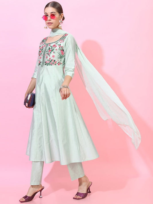 Vishudh Women Green Floral Yoke Design Empire Kurta with Trousers & With Dupatta