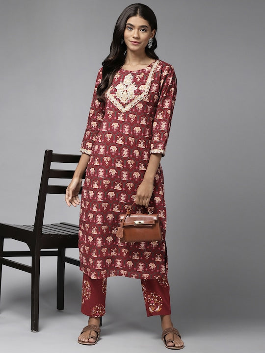 Yufta Women Maroon Ethnic Motifs Printed Pure Cotton Kurta with Trousers
