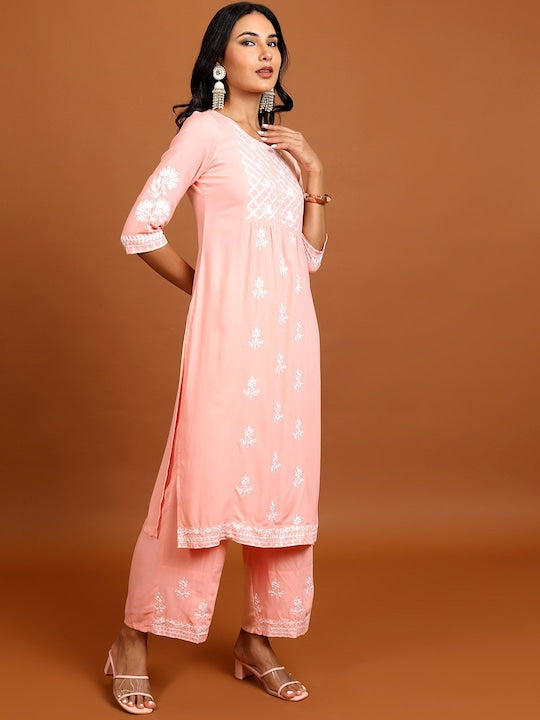 Vishudh Peach-Coloured Floral Embroidered Straight Kurta with Palazzos