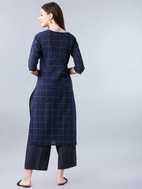 Vishudh Women Navy Blue & Lime Green Printed Kurta with Palazzos