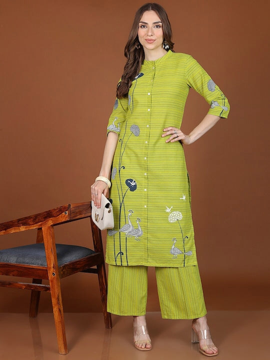 Vishudh Lime Green Striped Regular Pure Cotton Kurta With Palazzos