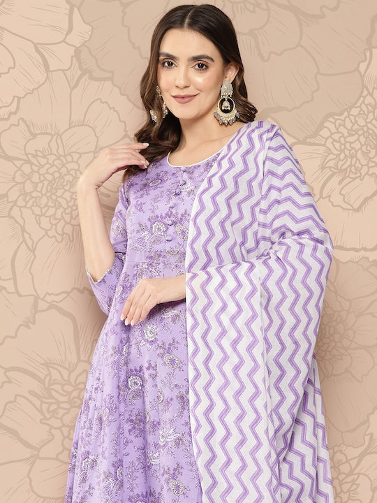 Yufta Women Floral Printed Gotta Patti Pure Cotton Kurta with Trousers & With Dupatta