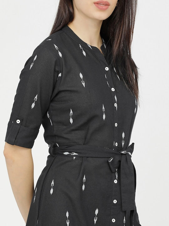 Vishudh Black Floral Ethnic A-Line Midi Dress