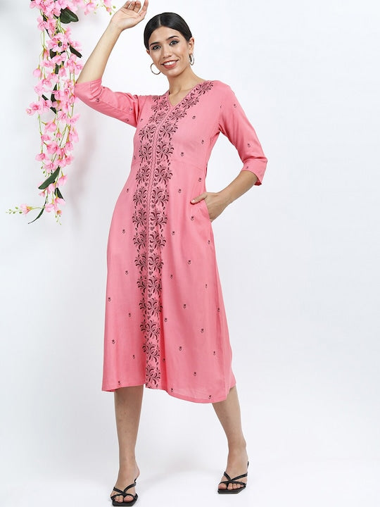 Vishudh Pink Floral Ethnic A-Line Midi Dress