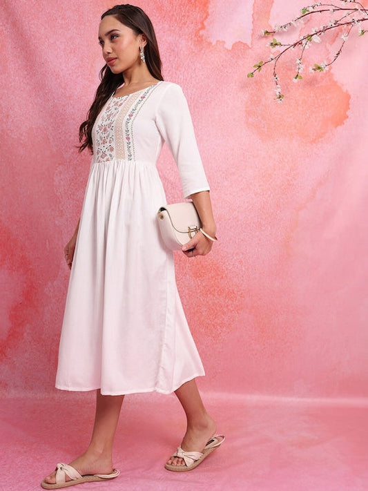 Vishudh Off White Floral Embroidered Gathered Or Pleated Cotton Fit & Flare Midi Dress