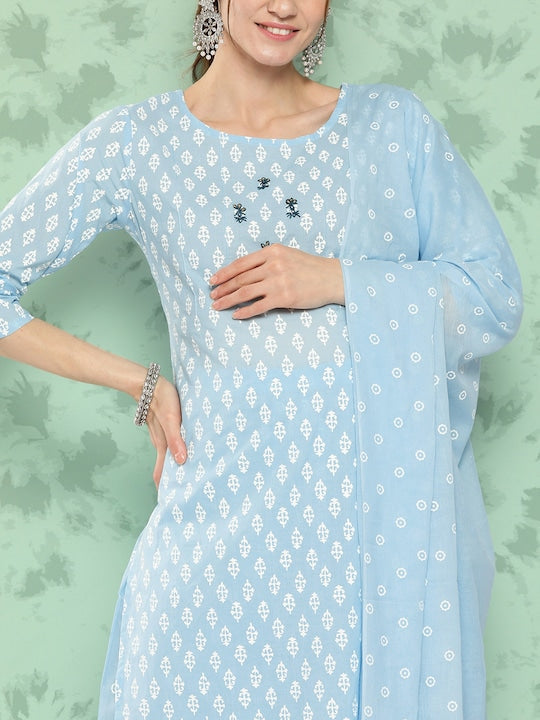 Yufta Ethnic Motifs Embroidered Thread Work Pure Cotton Kurta With Palazzos & With Dupatta