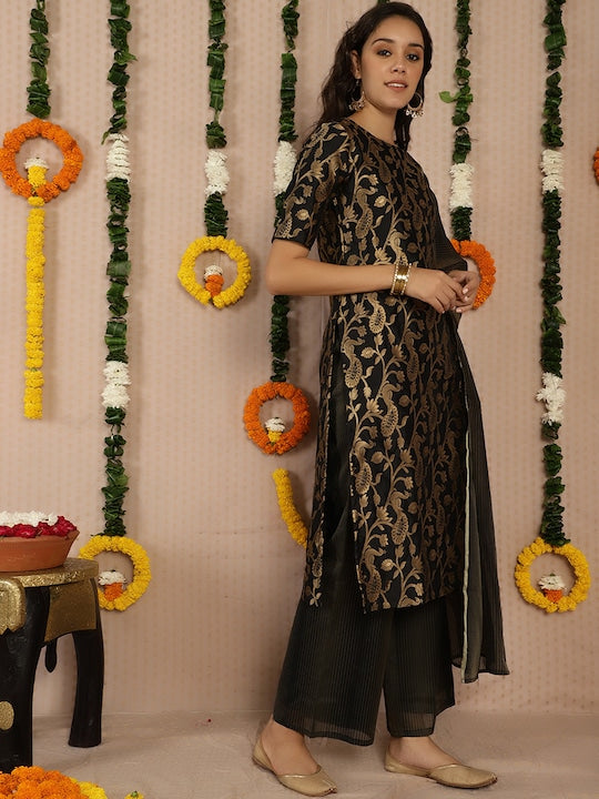 AKS Couture Floral Woven Design Regular Kurta with Palazzos & With Dupatta