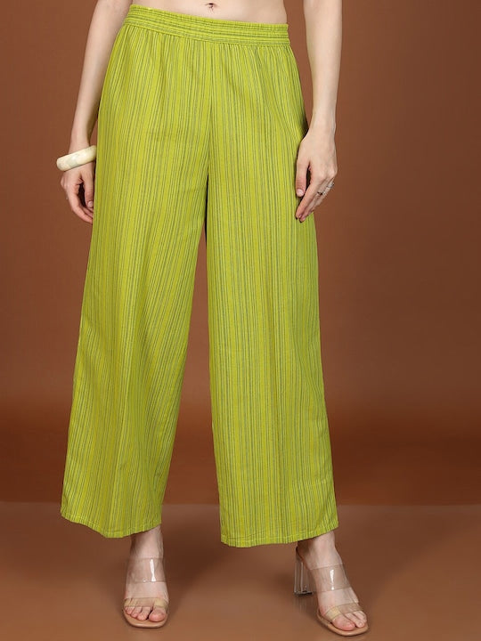 Vishudh Lime Green Striped Regular Pure Cotton Kurta With Palazzos
