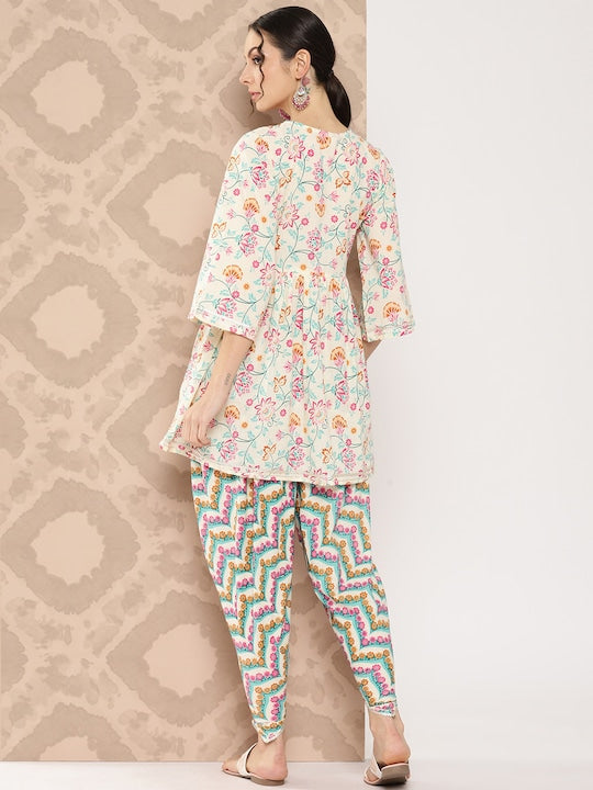 Yufta Women Floral Printed Regular Gotta Patti Pure Cotton Kurti with Dhoti Pants Cream/Pink