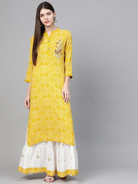 Anubhutee Women Mustard Yellow & White Bandhani Print Kurta with Skirt - XXL