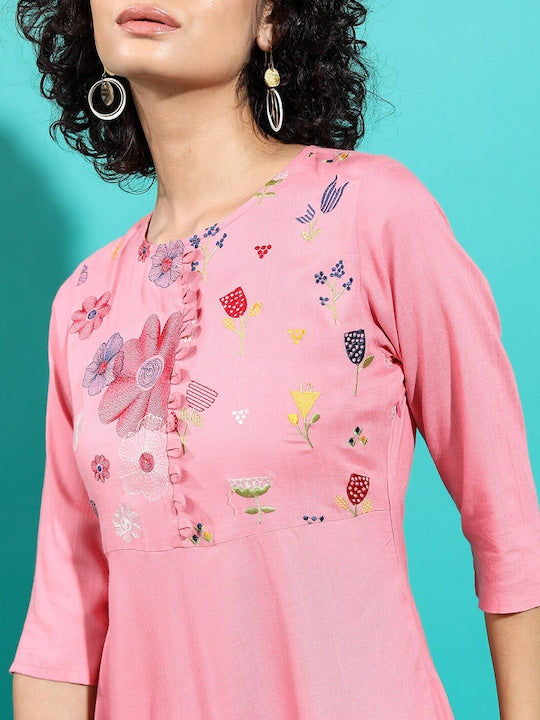 Vishudh Pink Floral Printed A-Line Midi Dress